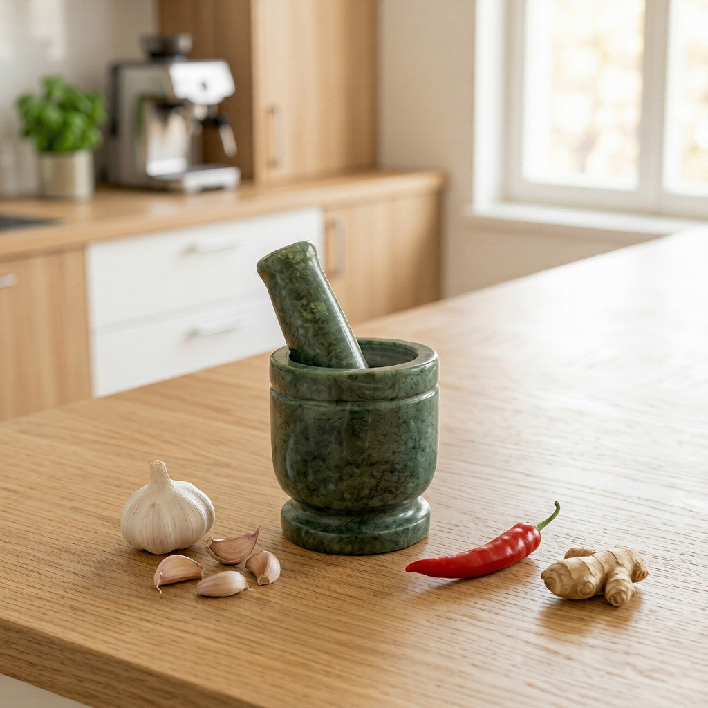 NIVA_Green Marble Mortar & Pestle 4' inch