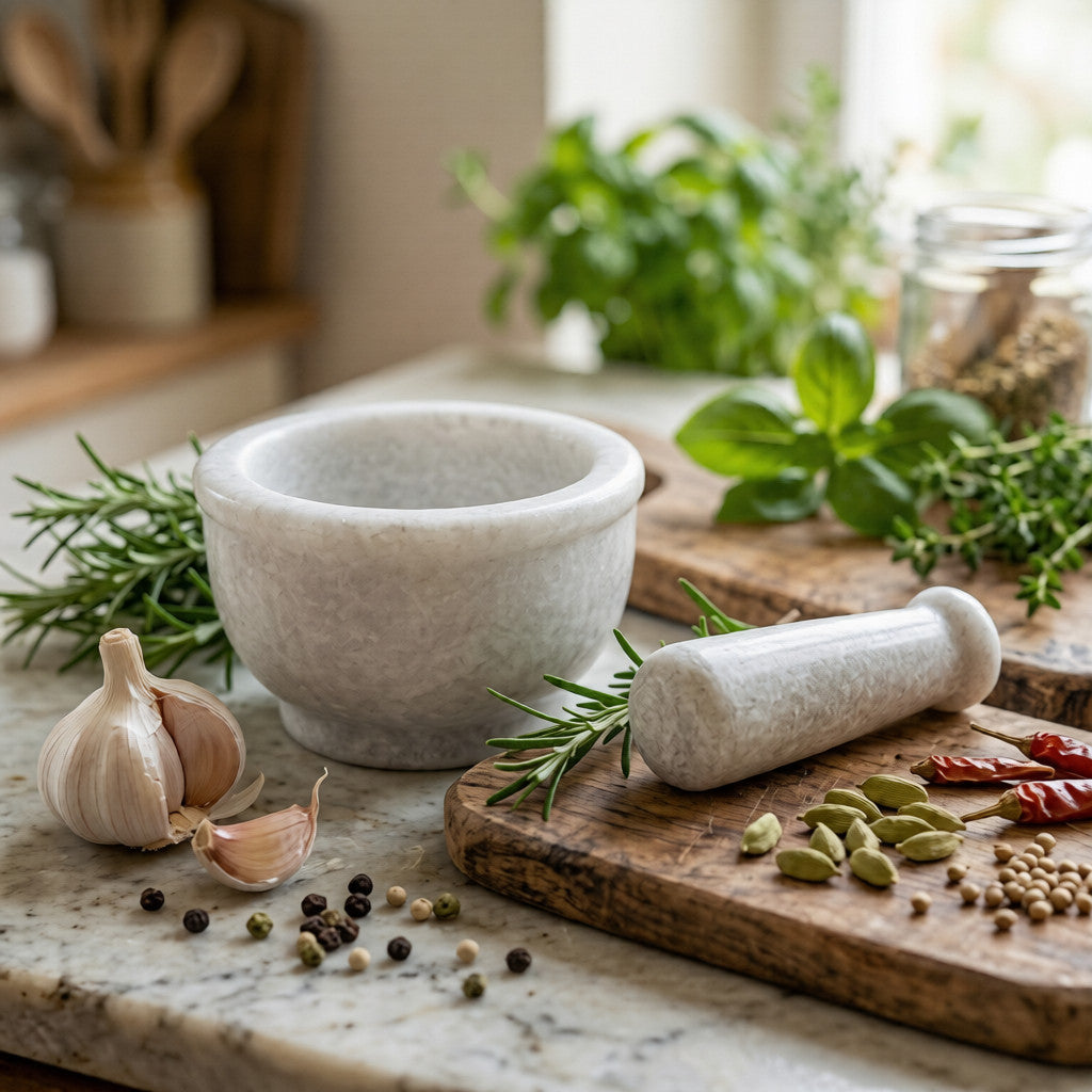 NIVA_White Marble Mortar & Pestle 5' inch