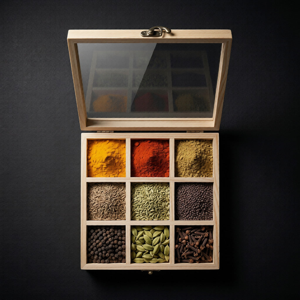NIVA_Pine Wood Spice Organizer(Masala Box) with Lid