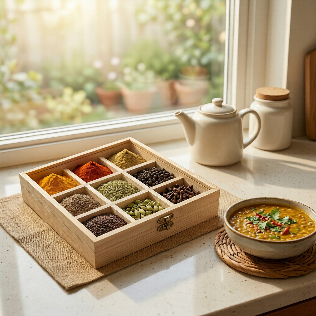 NIVA_Pine Wood Spice Organizer(Masala Box) with Lid
