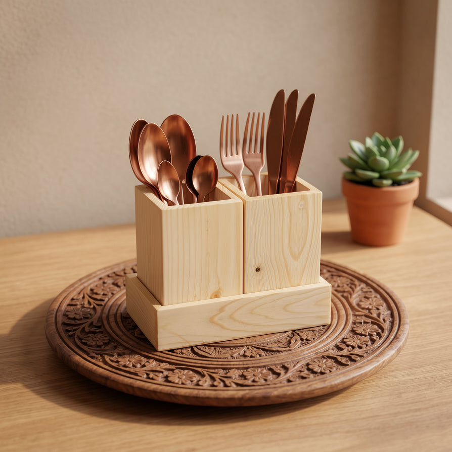 NIVA_Pine Wood Cutlery Holder with Base