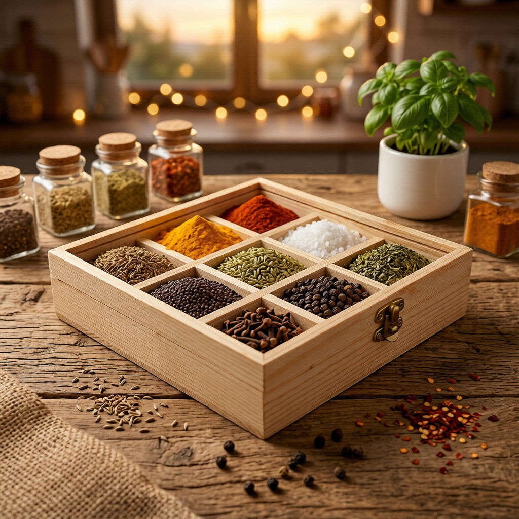 NIVA_Pine Wood Spice Organizer(Masala Box) with Lid