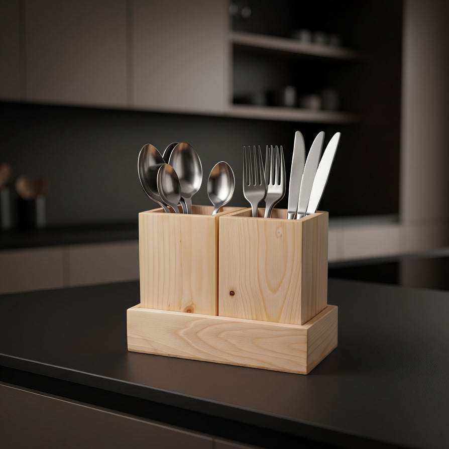 NIVA_Pine Wood Cutlery Holder with Base