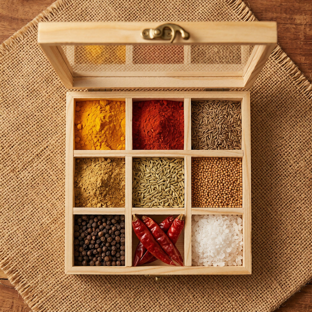 NIVA_Pine Wood Spice Organizer(Masala Box) with Lid