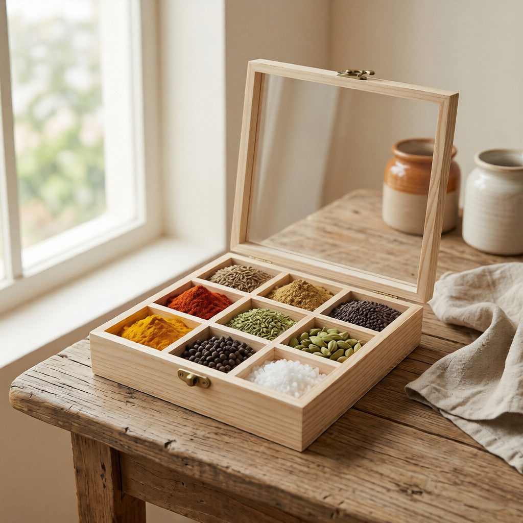 NIVA_Pine Wood Spice Organizer(Masala Box) with Lid