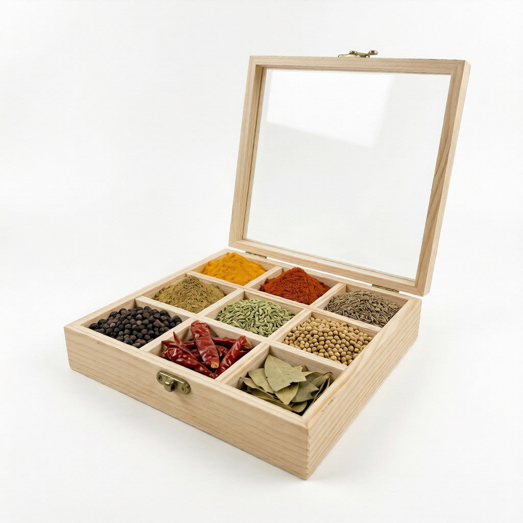 NIVA_Pine Wood Spice Organizer(Masala Box) with Lid