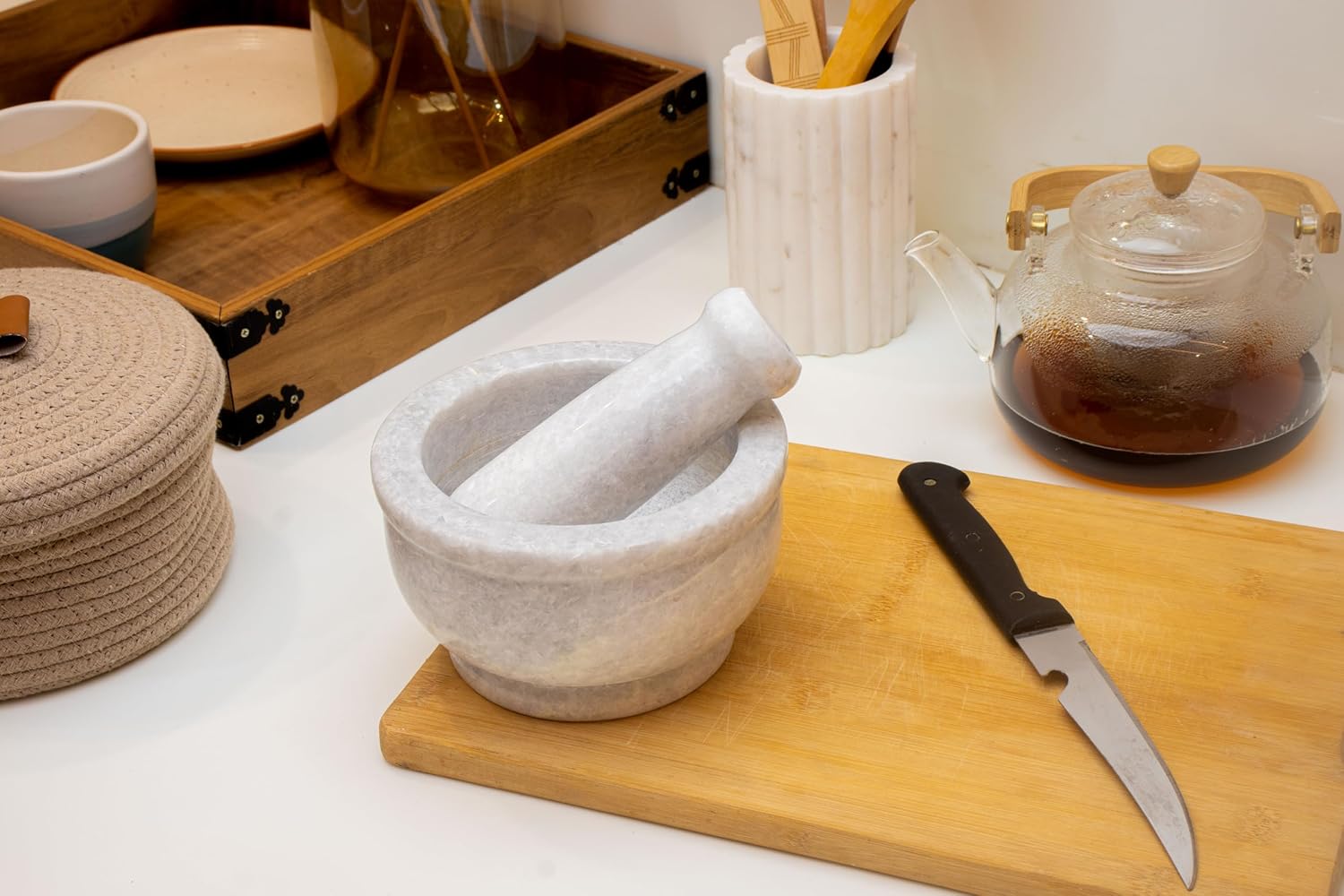 NIVA_White Marble Mortar & Pestle 5' inch