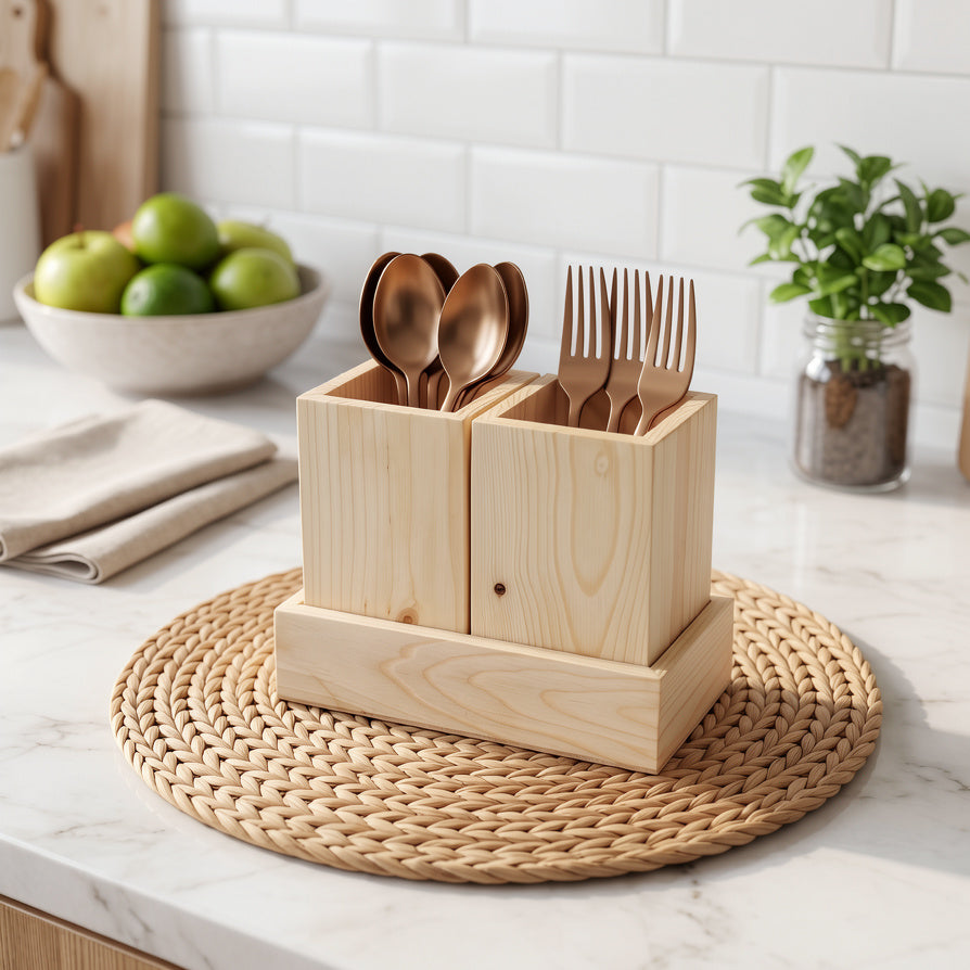 NIVA_Pine Wood Cutlery Holder with Base