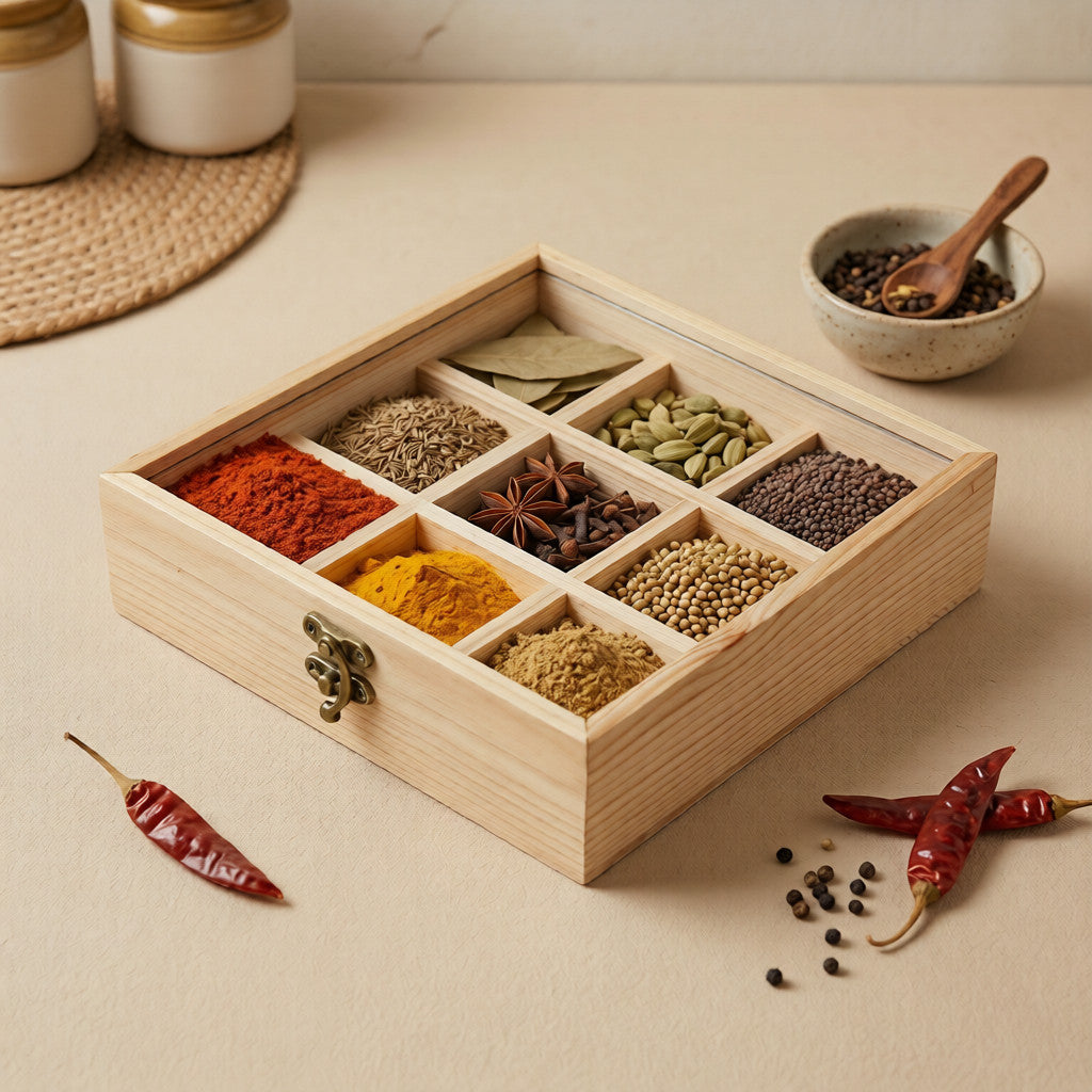 NIVA_Pine Wood Spice Organizer(Masala Box) with Lid