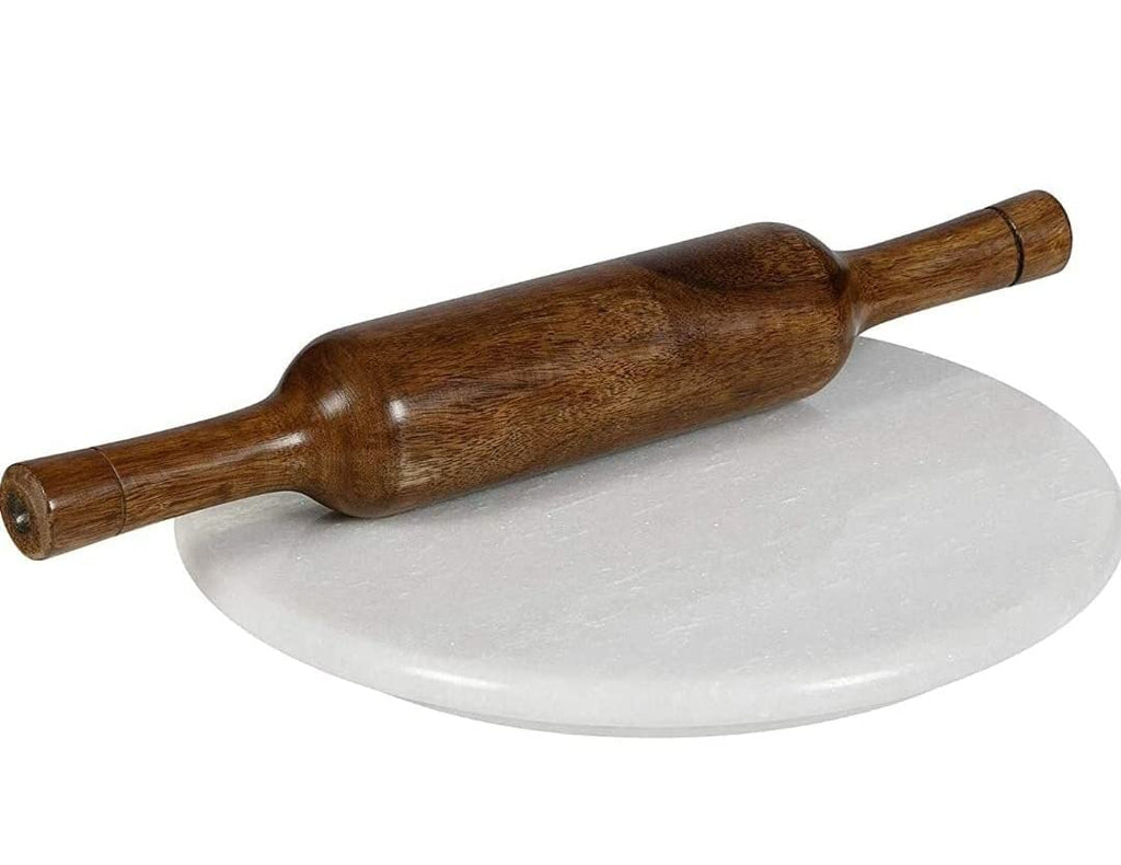 NIVA_White Marble Chakla & Wooden Belan Set