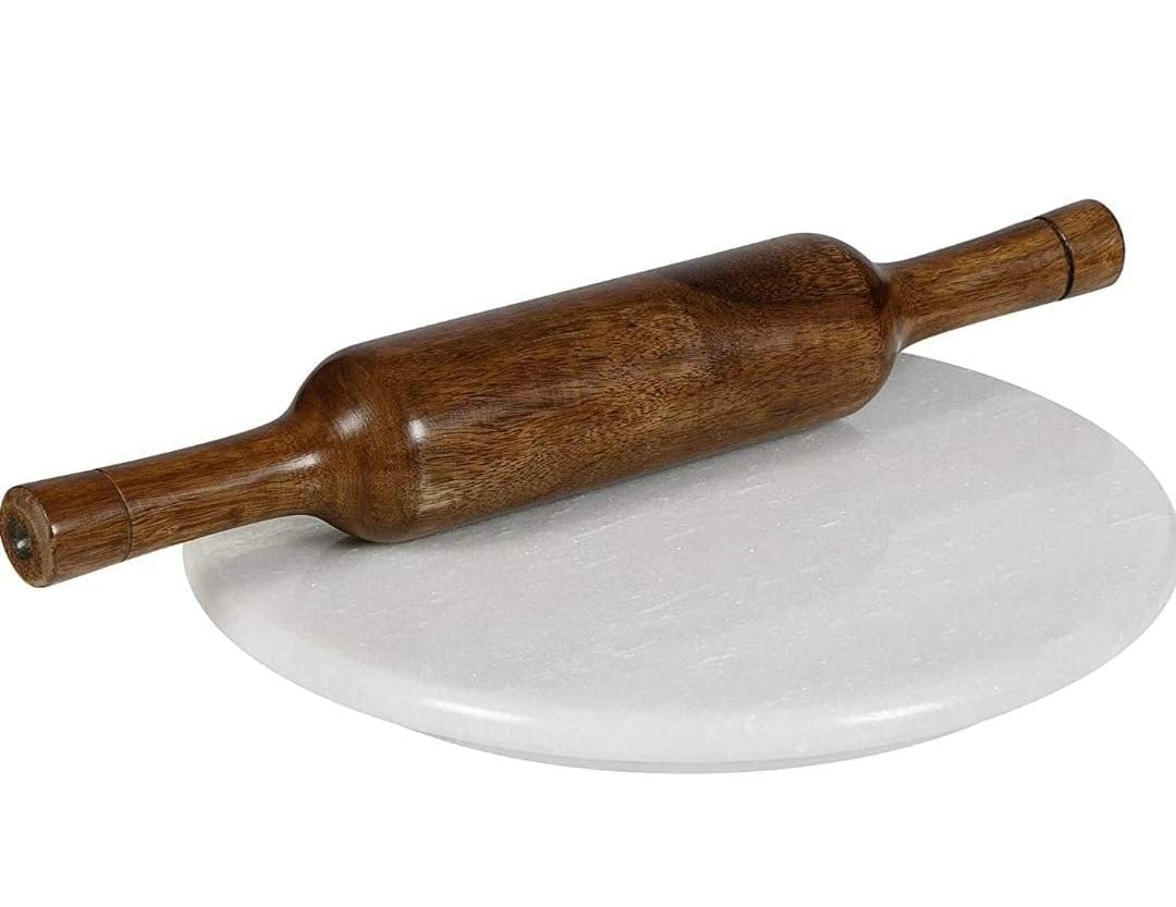 NIVA_White Marble Chakla & Wooden Belan Set