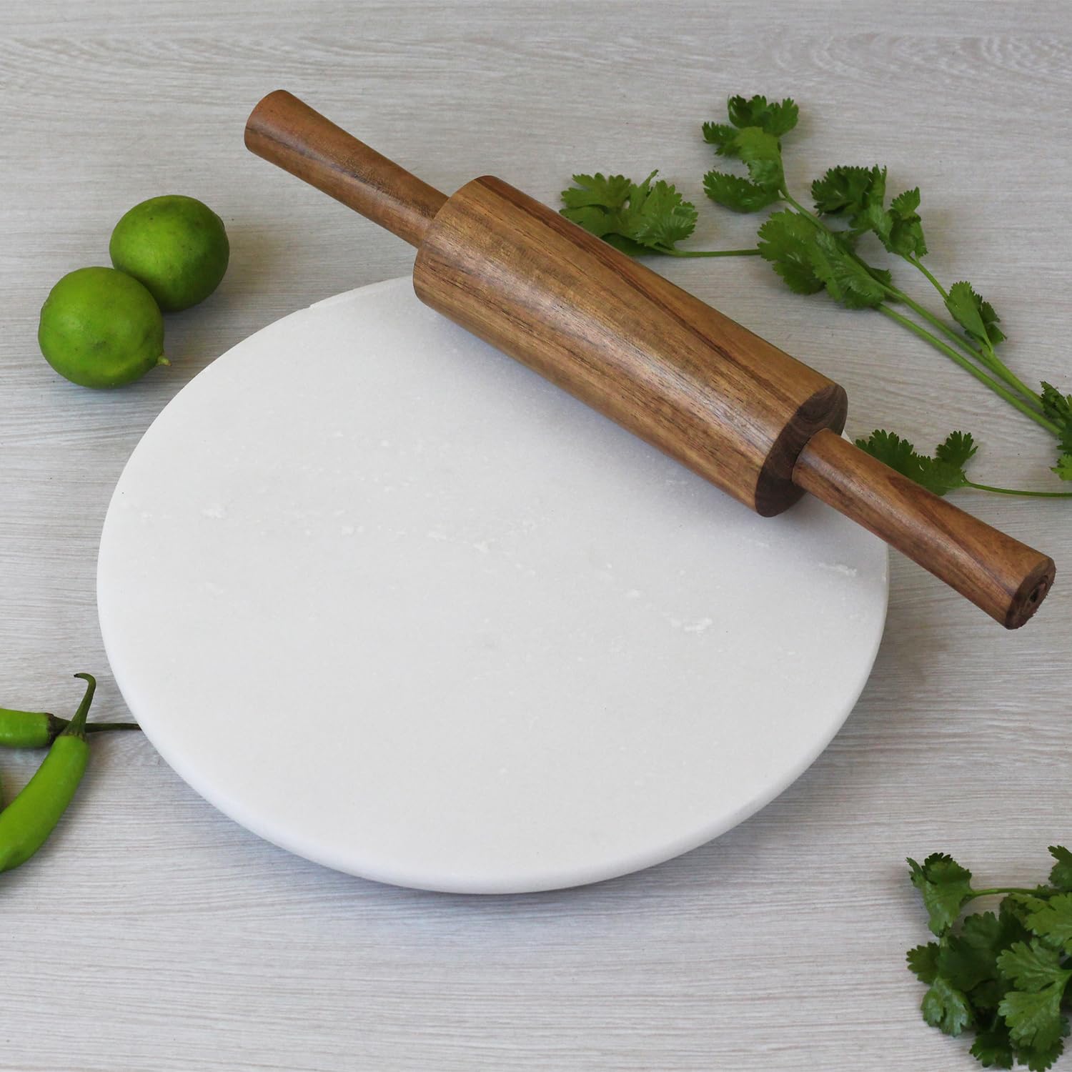 NIVA_White Marble Chakla & Wooden Belan Set