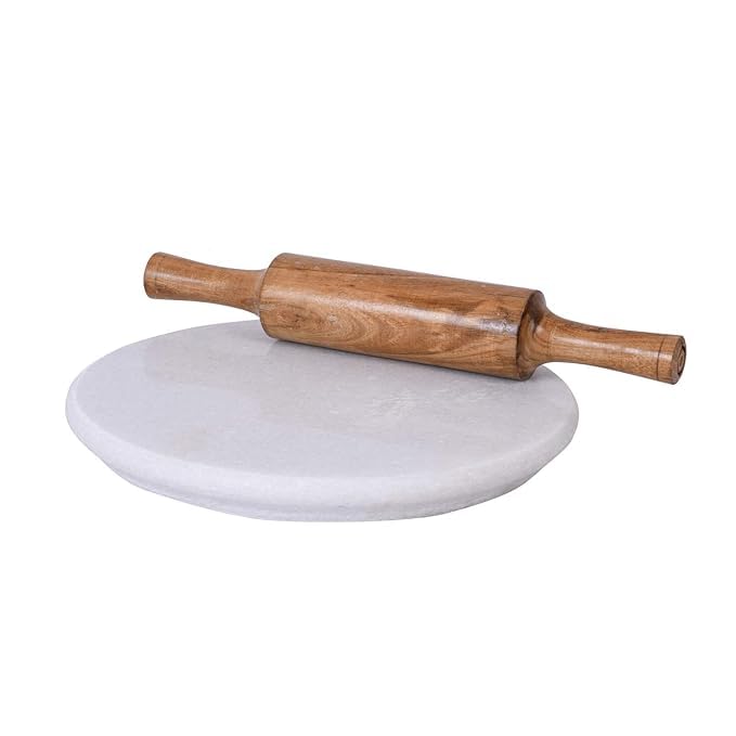 NIVA_White Marble Chakla & Wooden Belan Set