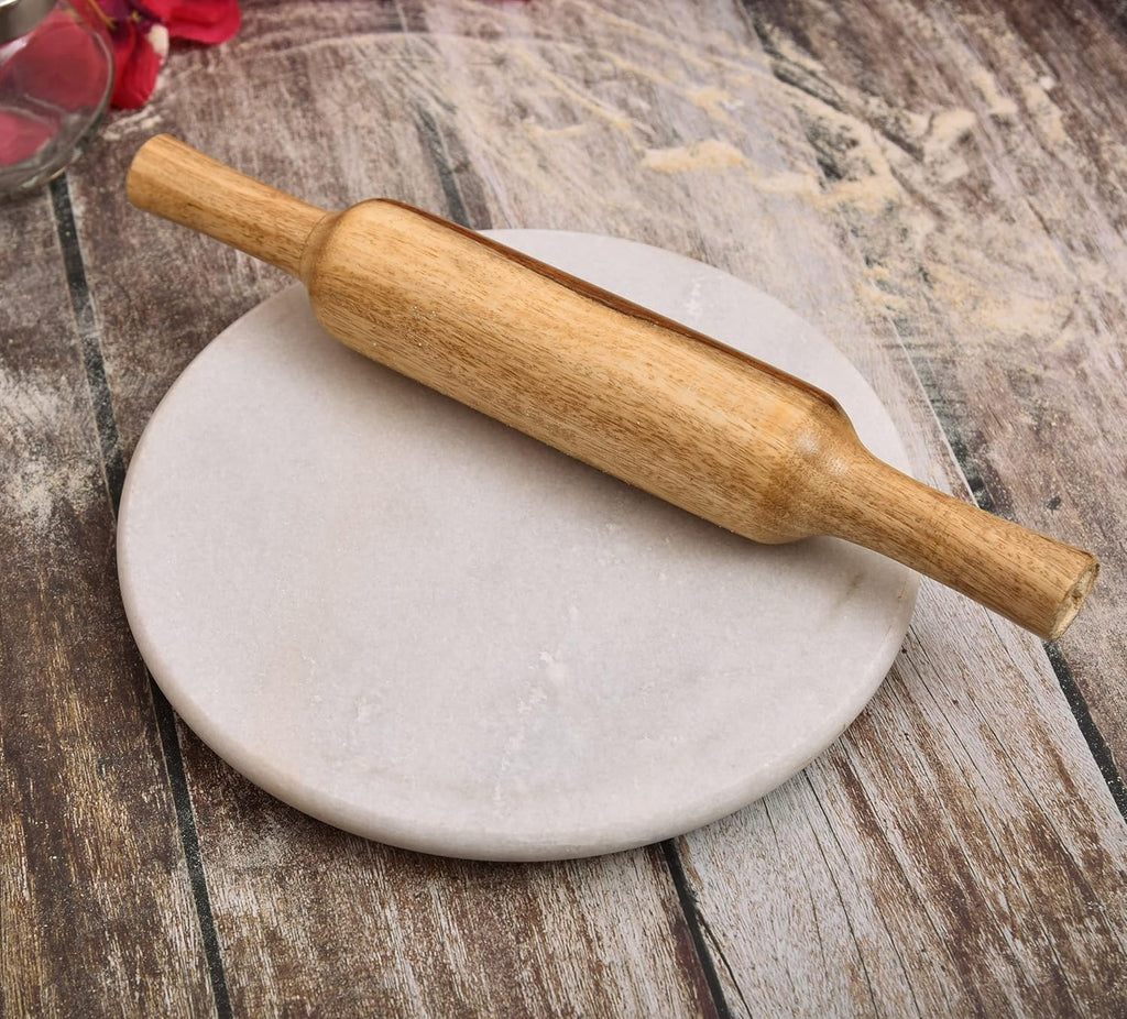 NIVA_White Marble Chakla & Wooden Belan Set