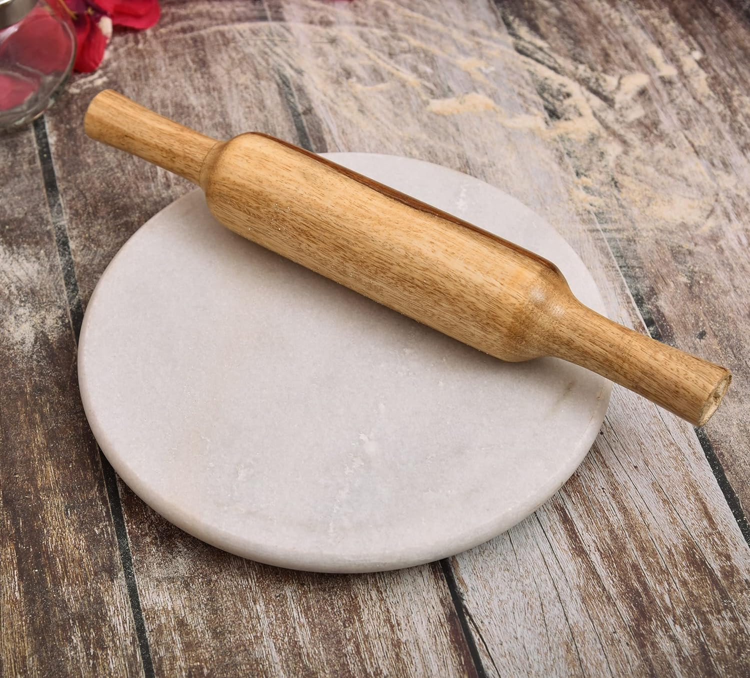 NIVA_White Marble Chakla & Wooden Belan Set